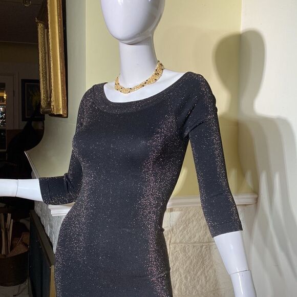 Bebe Stretch Metallic Black & Gold Bodycon Mini Dress 3/4 Sleeves - Picture 9 of 10